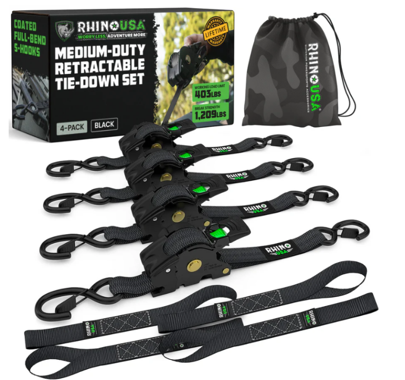 Rhino USA Einziehbare Ratschengurte (4er-Pack, 1 Zoll x 10 Fuß) (Schwarz)