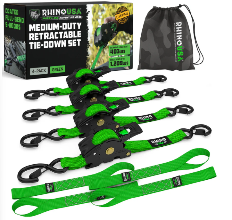 Rhino USA Einziehbare Ratschengurte (4er-Pack, 1 Zoll x 10 Fuß) (Grün)